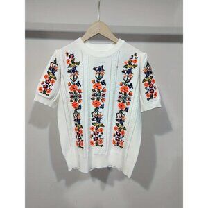 Floral Knit Top - Casual Crew Neck, Soft Short Sleeves